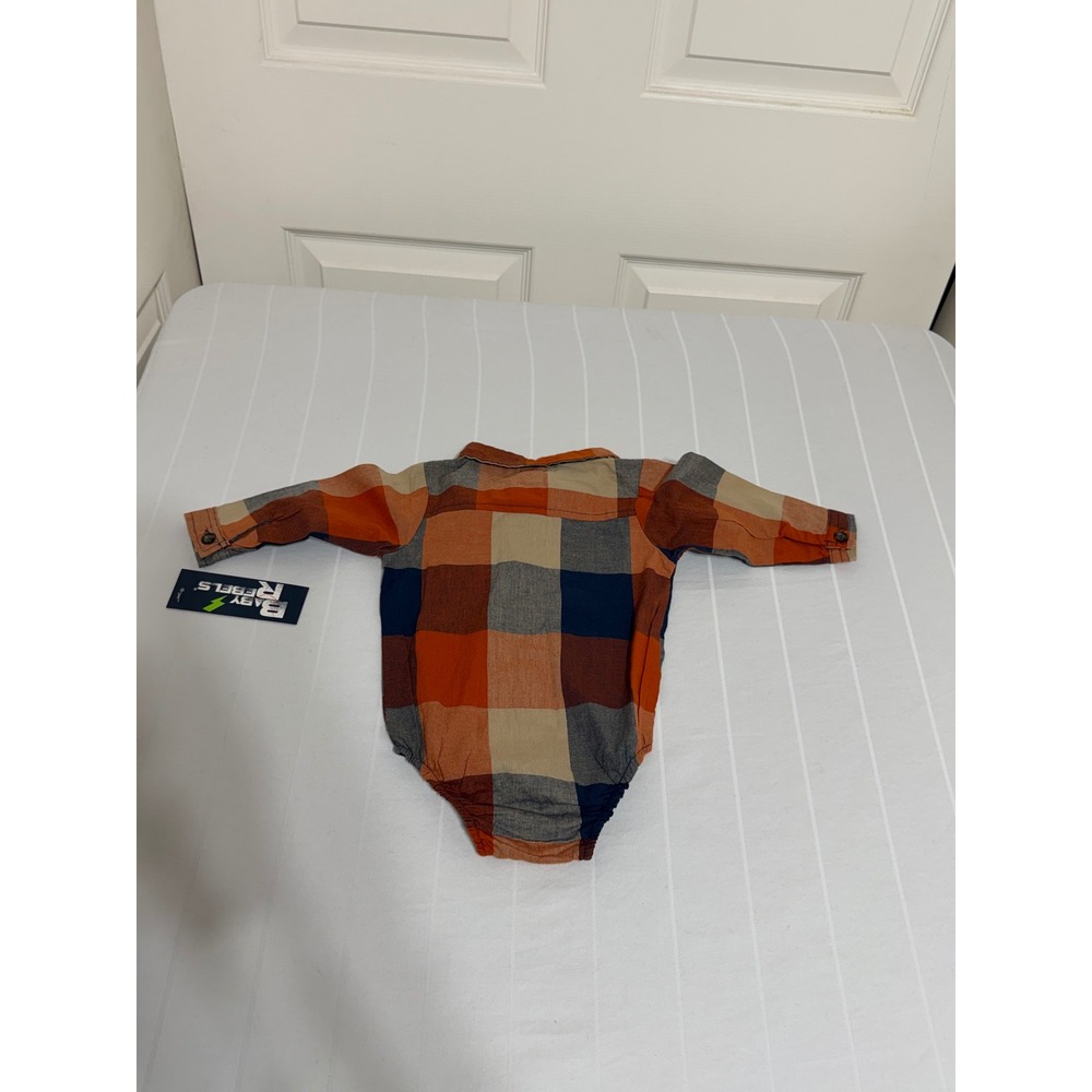 Baby Rebels Boys Orange Navy Plaid Long Sleeve Button Down Bodysuit 6-9 Months - Picture 3 of 3